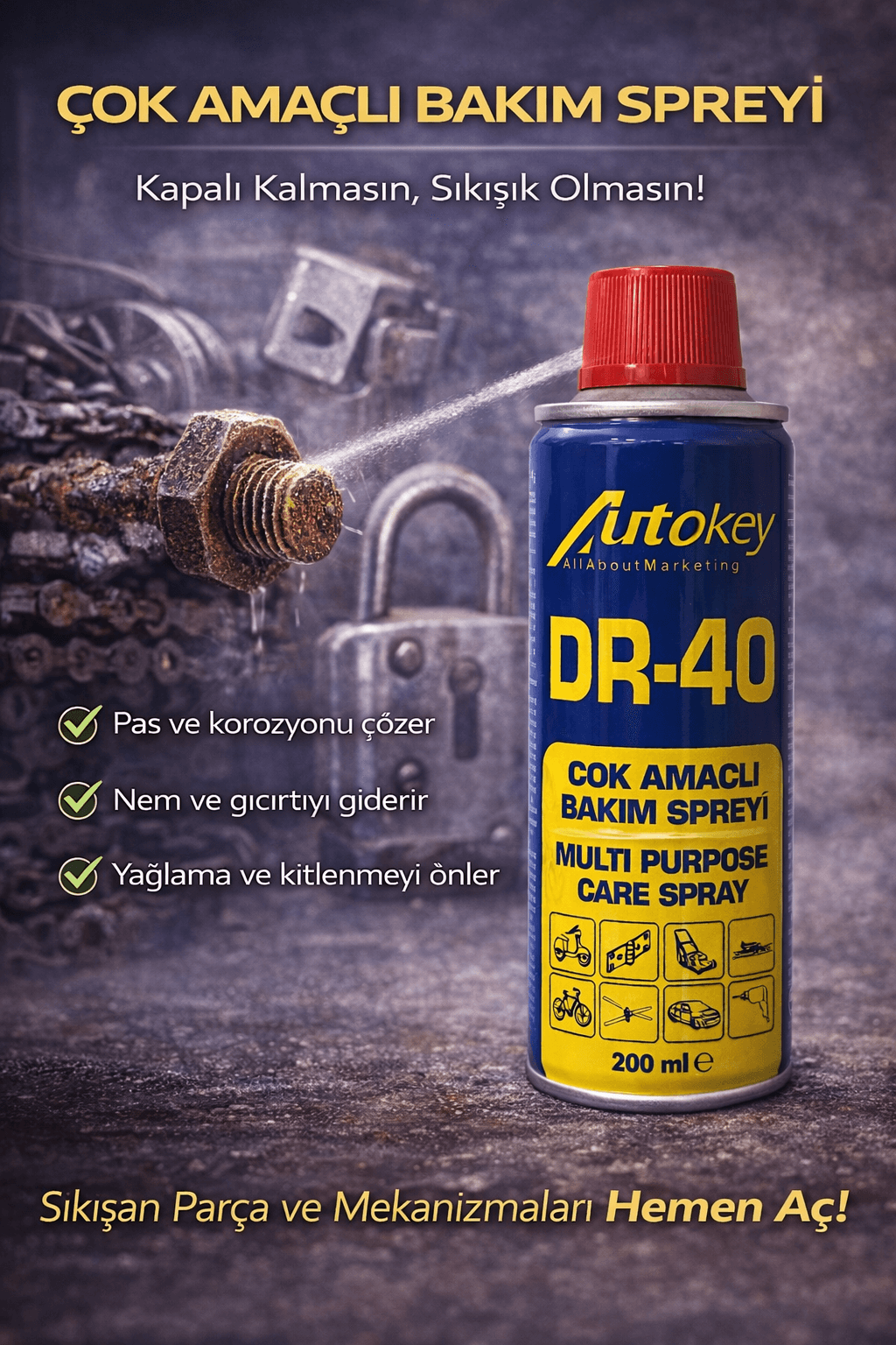 DR-40 Çok Amaçlı Bakım Spreyi 200 ml – Pas Sökücü, Yağlayıcı ve Koruyucu