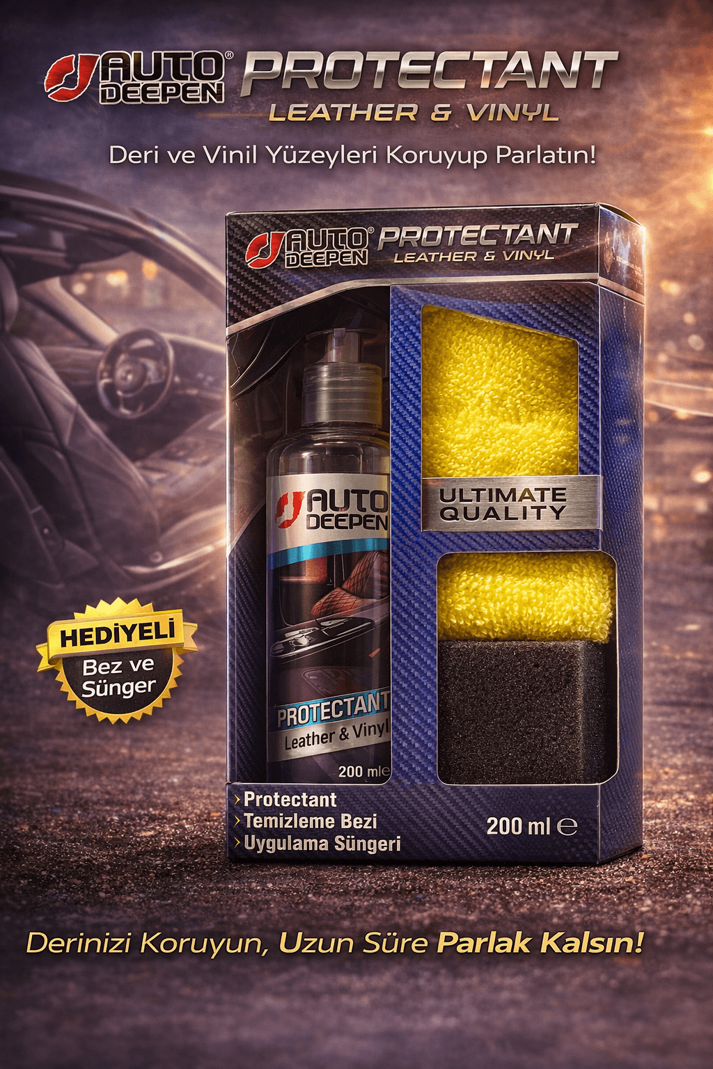Deri & Vinil Koruyucu Parlatıcı 200 ml – Sünger ve Temizleme Bezi Hediyeli