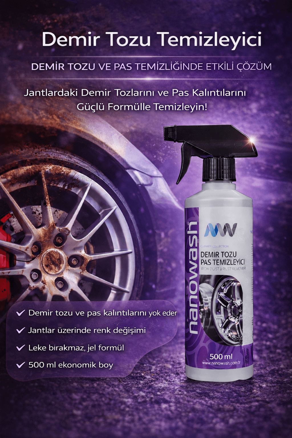 Demir Tozu Temizleyici 500 ml – Jant ve Boya Yüzeyi İçin Güçlü Pas Sökücü