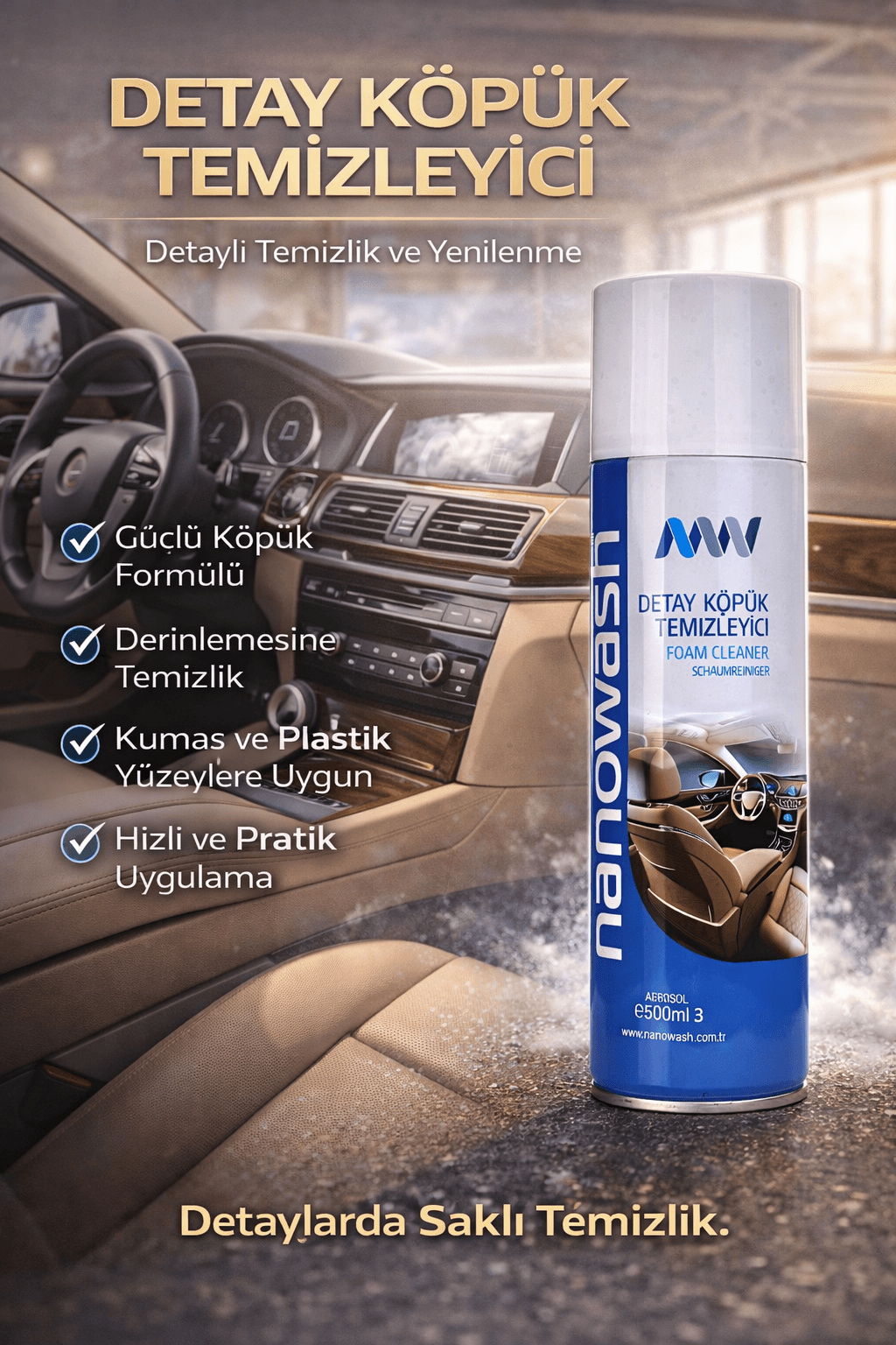 Aerosol Detay Köpük Temizleyici 500 ml – İç Döşeme ve Plastik Temizleyici