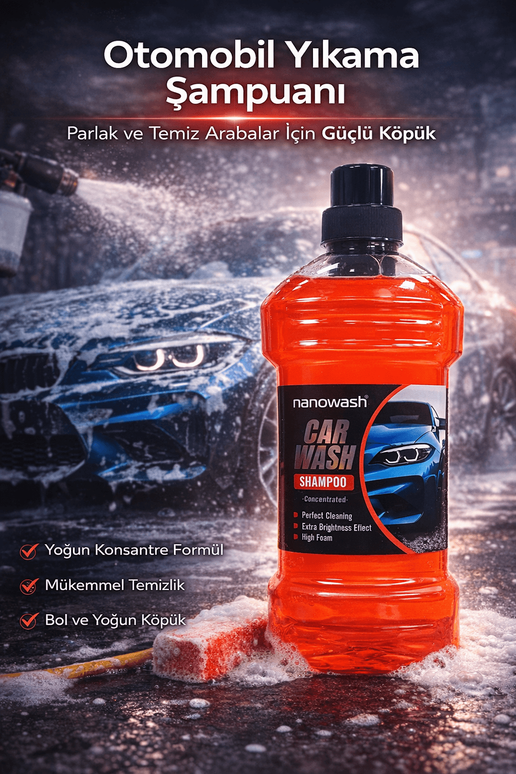 Konsantre Oto Şampuanı 1 Litre – Yüksek Köpük ve Derin Temizlik